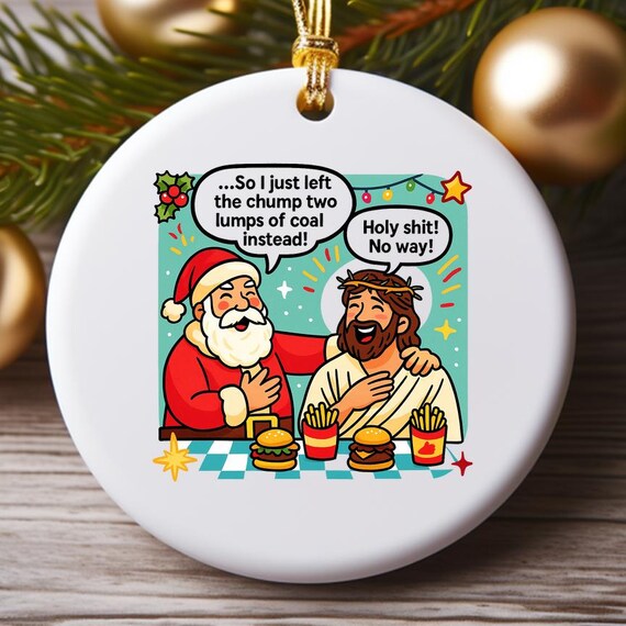 Funny Santa & Jesus Ornament: Sharing A Burger And A Joke Christmas Decoration O964