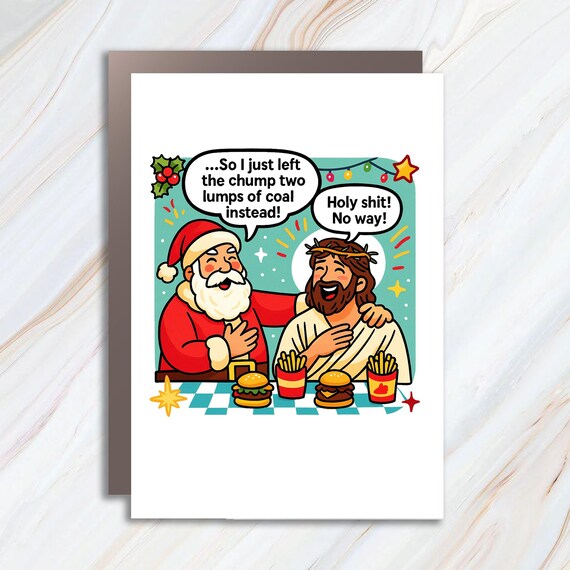 Funny Santa And Jesus Christmas Card: Sharing A Burger And A Joke Holiday Greeting C964