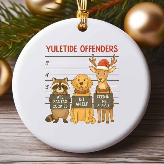 Funny Christmas Ornaments – Yuletide Offenders Animal Lineup, Humorous Holiday Greeting O971