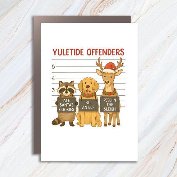 Funny Christmas Card - Yuletide Offenders Animal Lineup, Funny Holiday Greeting Card C971