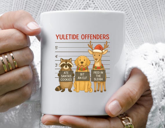 Funny Christmas Mug – Yuletide Offenders Animal Lineup, Comical Holiday Greeting Mug M971