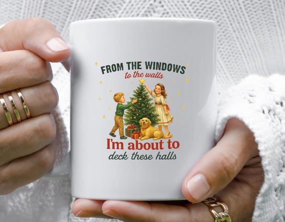 Retro Christmas Mug, Deck These Halls Funny Holiday Design, Vintage Style Christmas Tree Decor M801