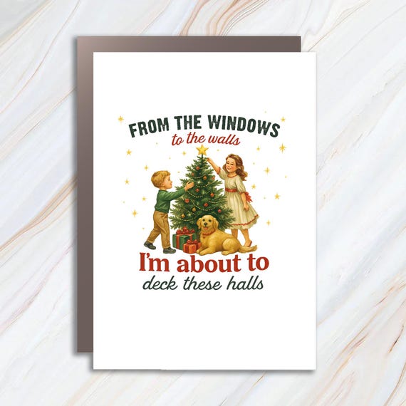 Retro Christmas Greeting Card, Funny Holiday Card, Deck These Halls Vintage Design, Christmas Tree Decor C801