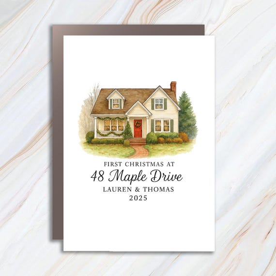 Personalized New Home Greeting Card - Watercolor Photo Design - First Christmas At New Address C907