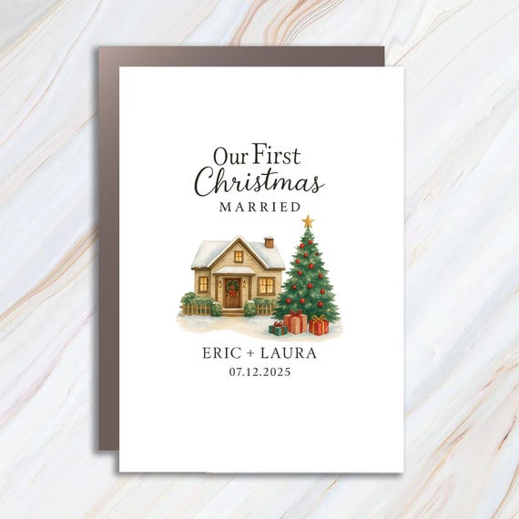 First Christmas Married Greeting Card - Mr And Mrs Tree Card - Personalized Our First Christmas Card C909