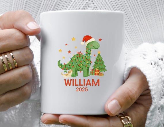 Boys Christmas Mug - Personalized Dinosaur Christmas Mug - Cute Boys Holiday Mug M917