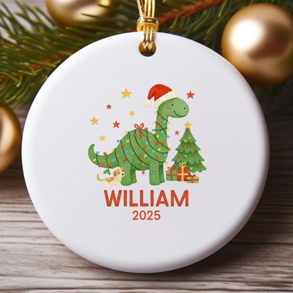 Personalized Dinosaur Christmas Ornament For Boys - Cute Blue And Green Ornament With Santa Hat O917