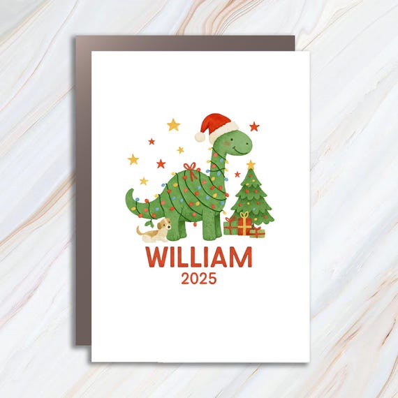 Personalized Dinosaur Christmas Card - Cute Boys Holiday Greeting Card - Custom Name Xmas Card C917