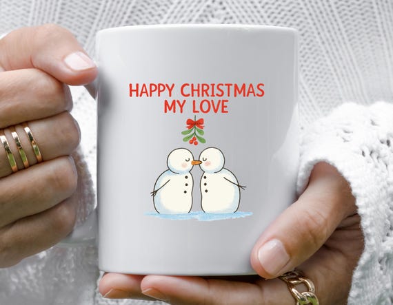 Snowman Kiss Christmas Mug - Cute Love Winter Scene M984
