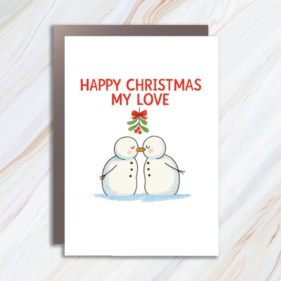 Snowman Kiss Christmas Greeting Card - Cute Love Holiday Card C984