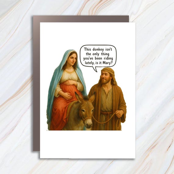 Funny Christmas Greeting Card, Mary And Joseph Cartoon With Donkey Joke C992