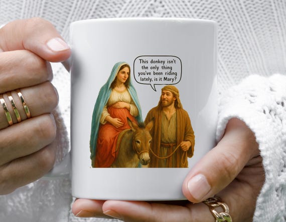Funny Christmas Mug, Mary And Joseph Cartoon Humor, Donkey Joke Holiday Cup M992