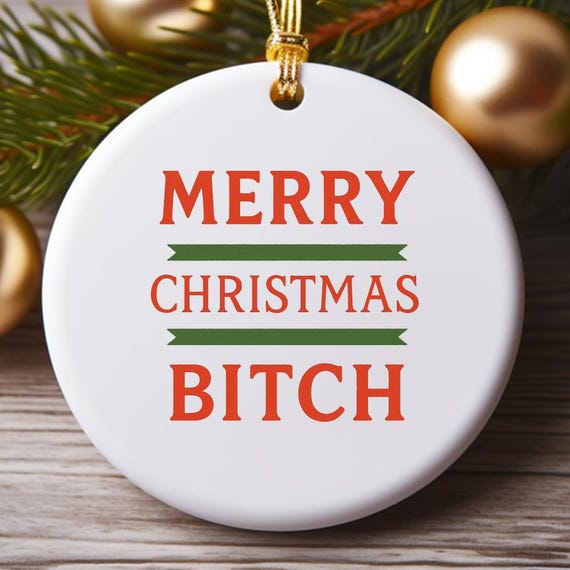 Funny Christmas Ornament, Sassy Holiday Decoration For Friends, Green With Red Border, Merry Christmas Bitch O998