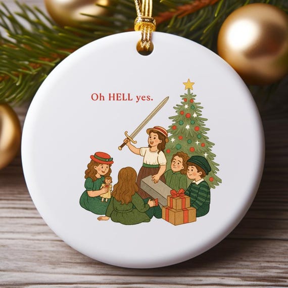 Funny Christmas Ornament With Sword Illustration - Kids Opening Presents Under Tree O998
