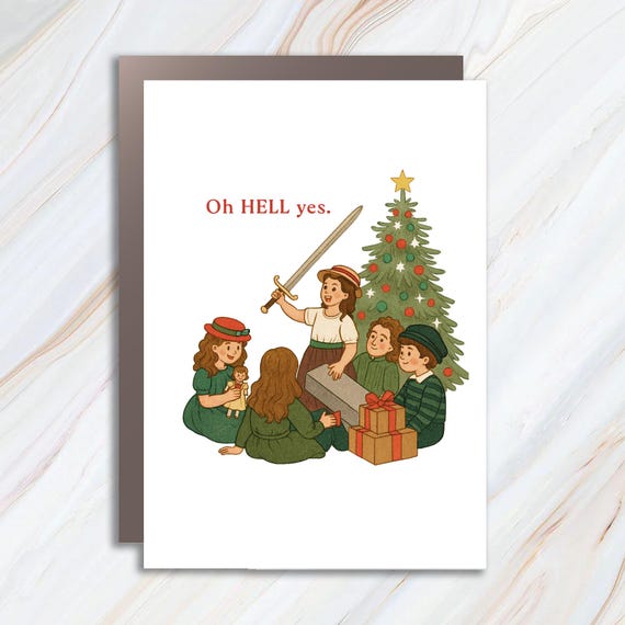 Funny Christmas Sword Greeting Card - Kids With Presents Under Tree, Hilarious Holiday Humor C998