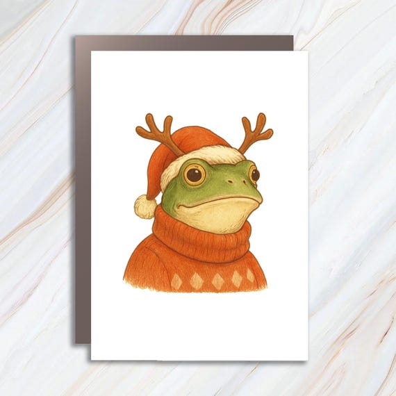 Quirky Frog Christmas Greeting Cards - Funny Holiday Card For Frog Lovers - Vintage Style Xmas Postcard C999