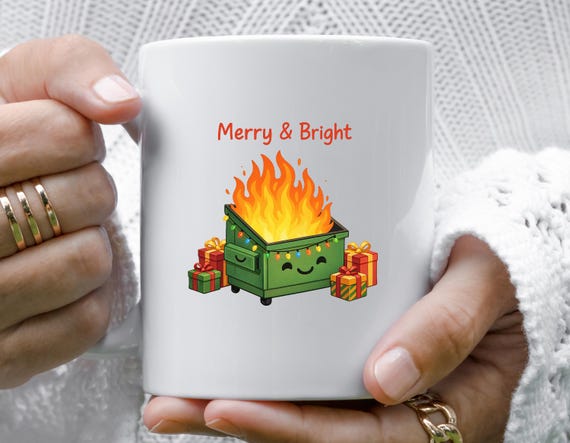 Merry & Bright Dumpster Fire Christmas Mug - Funny Holiday Coffee Cup M999a
