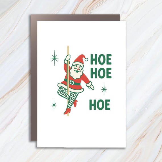 HOE HOE HOE Funny Christmas Greeting Card With Santa Pole Dance Risograph Weinachtskarten C993