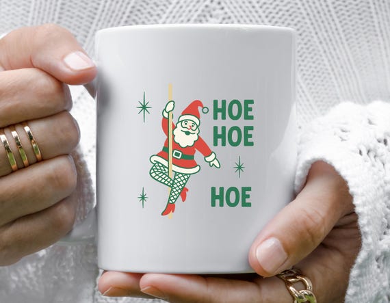 HOE HOE HOE Funny Christmas Mug With Santa Pole Dance Risograph Style M993