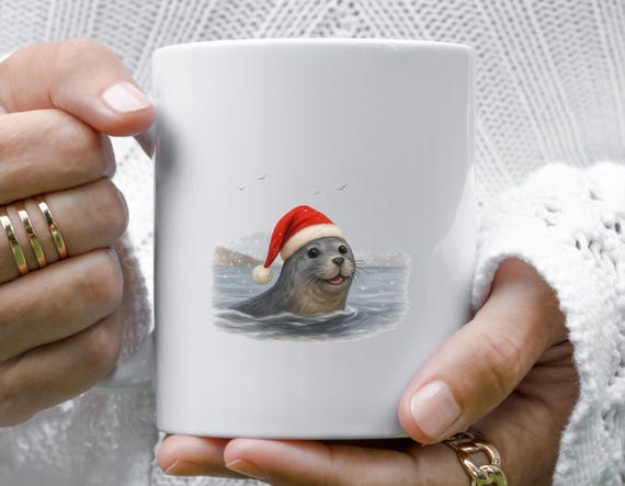 Seal Christmas Mug With Santa Hat In Snow - West Coast Holiday Scene M985