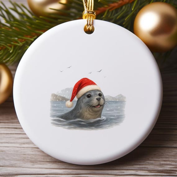 Seal Ornament With Santa Hat In Snow - West Coast Christmas Decoration O985