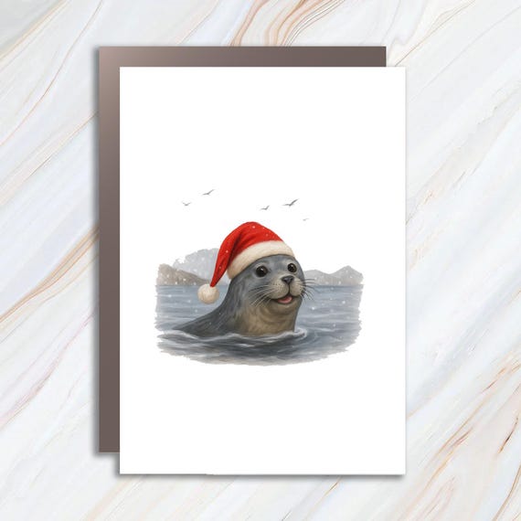 Seal Christmas Greeting Card With Santa Hat In Snowy West Coast Scene C985