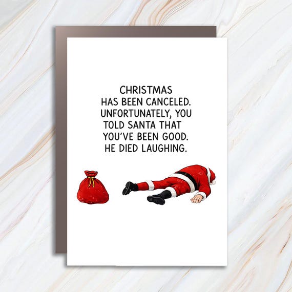Funny Santa Died Laughing Christmas Card - Holiday Greeting Card With Red Envelope - Minimalist Santa Humor C984