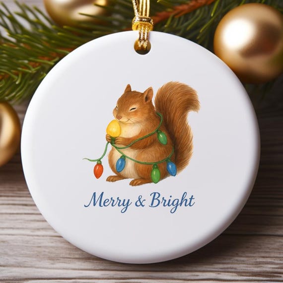 Squirrels Funny Christmas Ornaments - Merry And Bright Red Squirrel With String Lights - Cute Holiday Decor O980