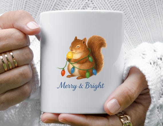 Squirrels Funny Christmas Mugs - Merry And Bright Squirrel With String Lights - Cute Holiday Gift M980