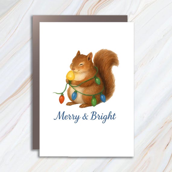 Funny Squirrels Christmas Greeting Cards - Merry & Bright Red Squirrel With String Lights - Cute Holiday Card C980
