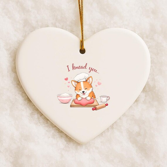Cat Valentine Ornament, Funny Cat Pun, I Knead You Heart Kitty Chef VO11