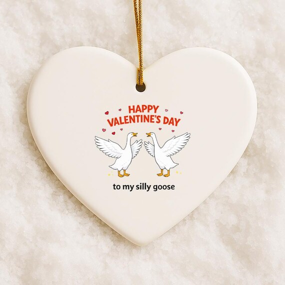 Silly Goose Valentine's Day Ornaments For Couples With Pink Hearts VO43