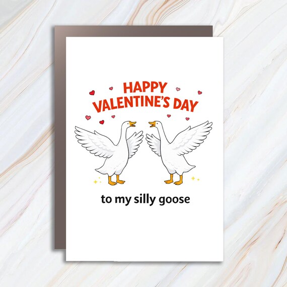 Funny Silly Goose Valentine's Day Greeting Card For Couples With Cartoon Geese And Hearts VC43