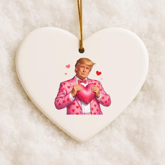 Funny Trump Valentine's Day Ornament With MAGA Theme And Blonde Hair Holding Heart VO71