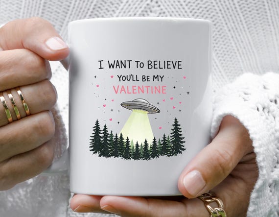 I Want To Believe UFO Valentine Mug With Cartoon UFO And Forest Scene VM139