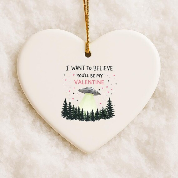 I Want To Believe UFO Valentine's Day Ornaments With Cartoon UFO And Forest Scene VO139
