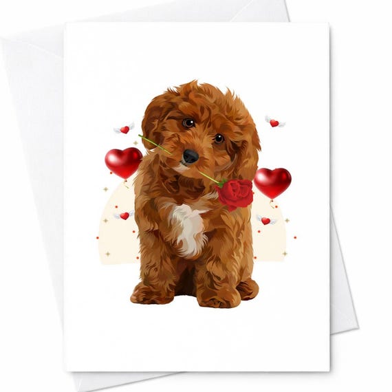 Cute Goldendoodle Puppy Rose Valentine Anniversary Card Boyfriend Husband Wife Dog Dad Mom C80