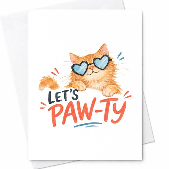 Funny Cat Birthday Card for Pet Lovers - Cute Cat Pawty Birthday Card with Cat Illustration - Cat Themed Birthday Greeting Card C197
