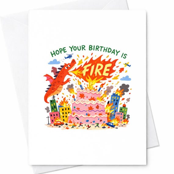 Cute Dragon Fire Birthday Card Hope Your Birthday Is Fire Funny Burning Cake Humor Gift For Friend Boyfriend C217