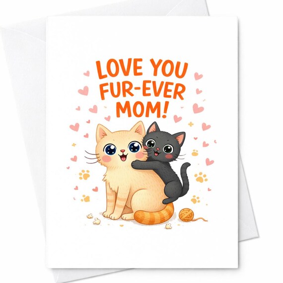 Cat Mom Card Love You Fur-ever Mom Cute Kitten Mother's Day Card Funny Animal Lover Gift From Daughter Son C329