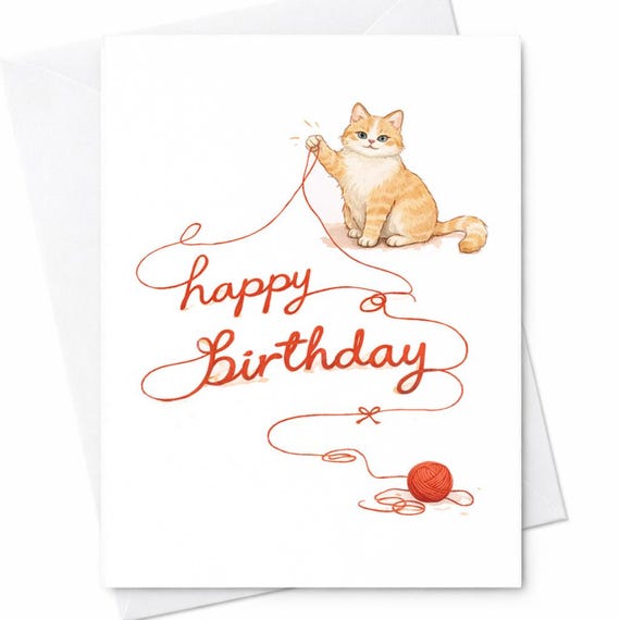 Cute Cat Birthday Card Happy Birthday Yarn Cat Birthday Card Minimalist Cat Lover Birthday Card Simple Cute Birthday Gift C350