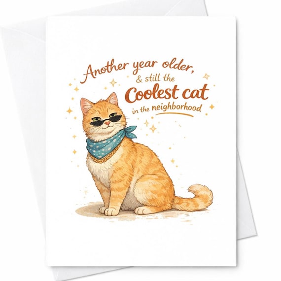 Funny Cat Birthday Card for Cat Lovers - Another Year Older Coolest Cat Design - Cute Animal Birthday Card for Cat Lover Friend C362