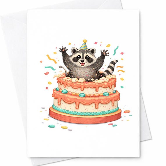 Cute Raccoon Birthday Card Raccoon In Cake Birthday Card Funny Animal Birthday Card Cute Birthday Gift For Friend Kids Birthday Card C349