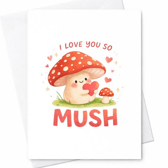 Funny Mushroom Love Card I Love You So Mush, Cute Anniversary Card For Girlfriend Boyfriend, Romantic Valentine Pun Card Gift C370