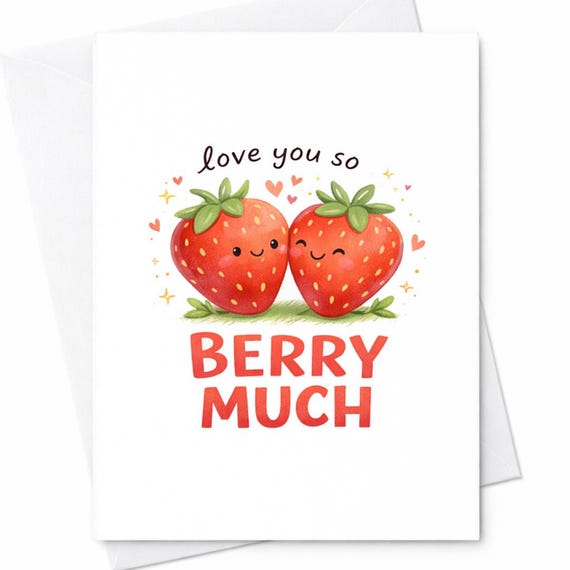 Funny Strawberry Love Card Love You So Berry Much, Cute Anniversary Card For Girlfriend Boyfriend, Romantic Valentine Pun Card C371