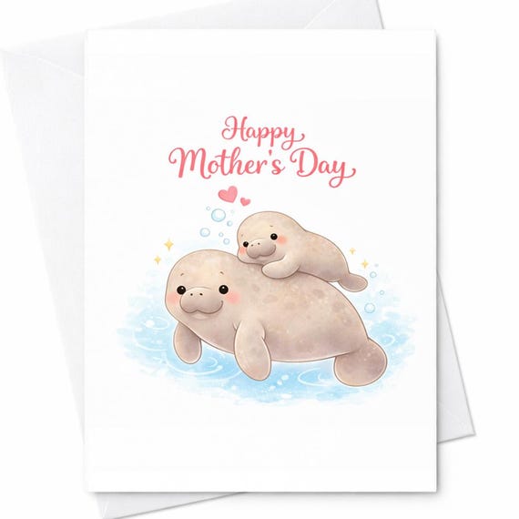Cute Mother's Day Card Happy Mother's Day Manatee Mom And Baby Ocean Animal Sweet Mom Gift From Daughter Son C416