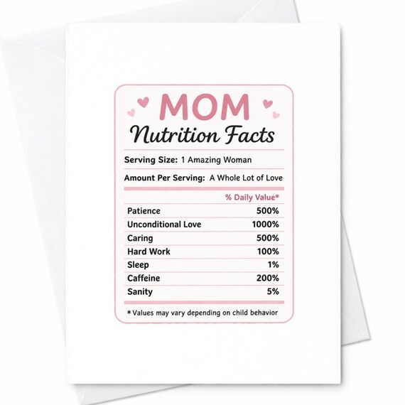 Funny Mom Nutrition Facts Card Mothers Day Card Humor Mom Gift Card Funny Mother Card From Daughter Son Mom Joke Card C450