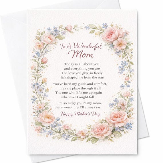 To A Wonderful Mom Mother's Day Card Sentimental Mom Card Floral Mom Gift Card Loving Mom Poem Card Elegant Mom Card C445