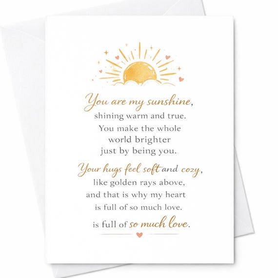 You Are My Sunshine Card Mothers Day Card Sweet Mom Card Heartfelt Poem Card From Daughter Son Loving Mom Gift Warm Sentimental Card C456