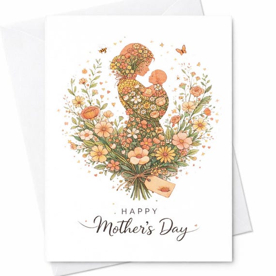 Floral Mother’s Day Card Mom And Baby Art Card Elegant Mother Card New Mom Gift Botanical Mom Card Motherhood Illustration C500